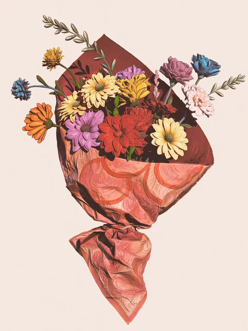 Illustration conceptuelle d'un bouquet de saison au papier asymétrique